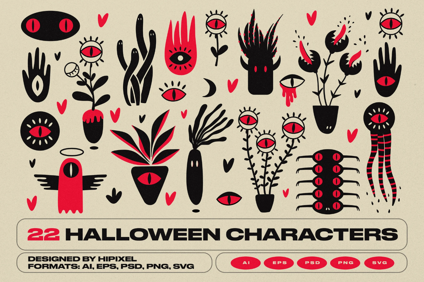 G6798 万圣节恐怖植物暗黑角色矢量素材PSD分层插画设计节日装饰Halloween Scary Plants & Characters