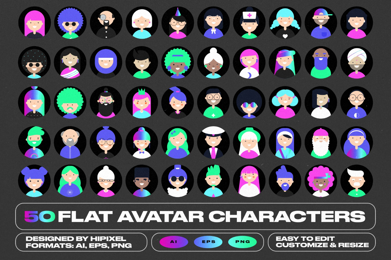 G6805 扁平化卡通头像套装AI矢量素材包可编辑PNG多角度UI设计必备Flat Avatar Characters Pack
