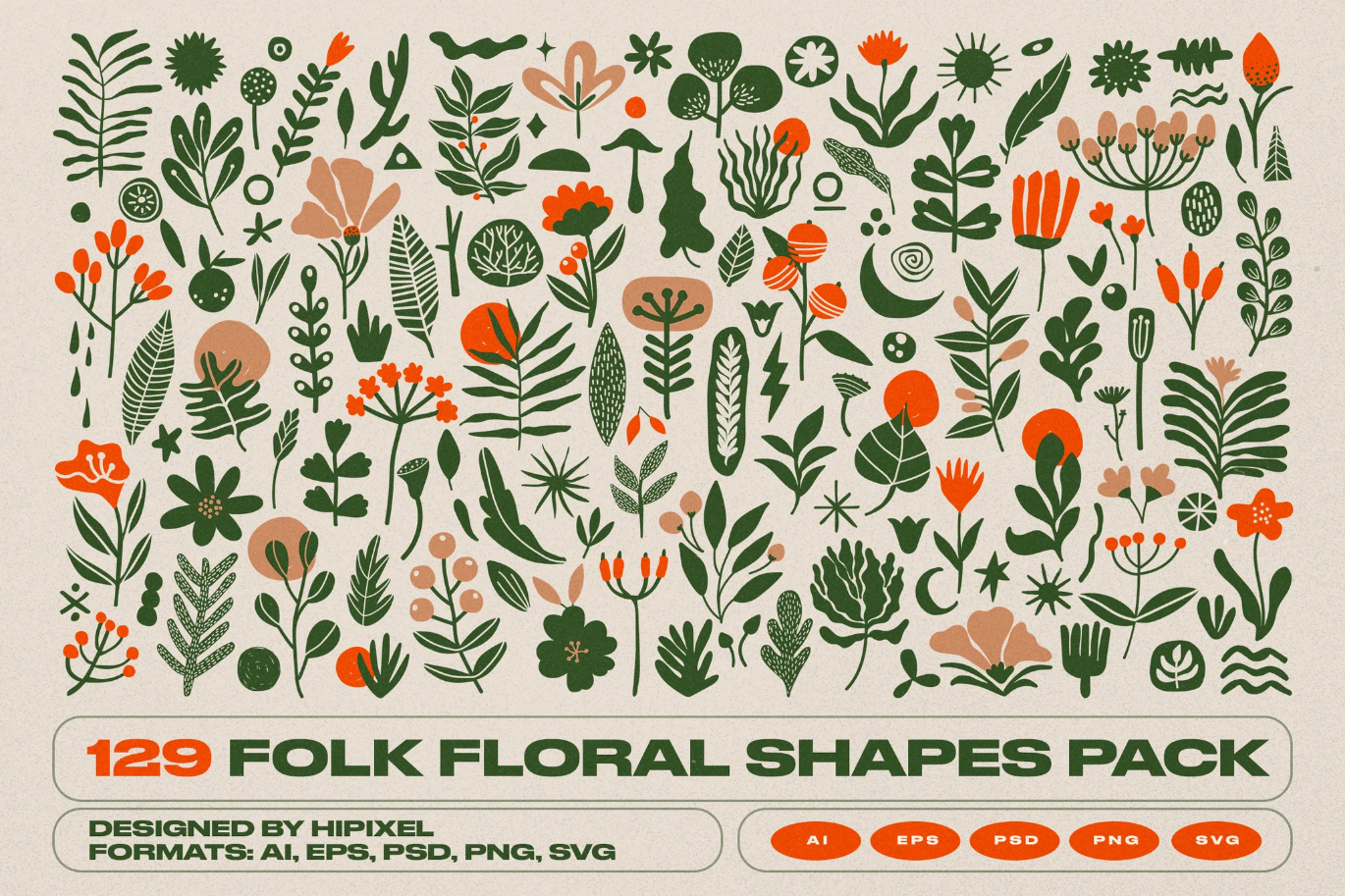 G6806 民族风手绘花朵矢量素材包AI/PS/EPS格式装饰插画元素Folk Floral Shapes Pack