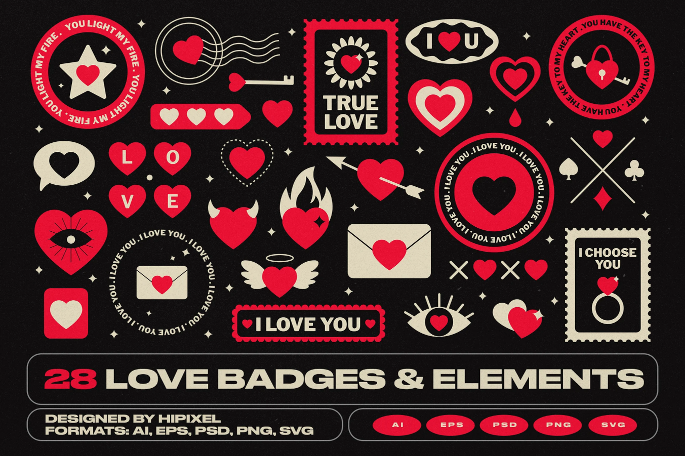 G6813 情人节矢量爱心徽章插画元素免抠PNG平面设计素材AI源文件Love Badges & Elements
