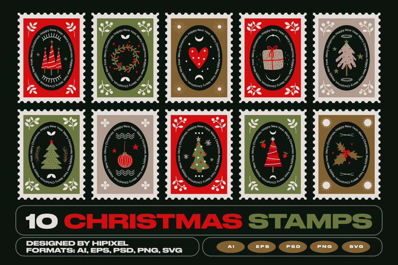 G6815 2025圣诞邮票矢量素材AI PSD分层贺卡设计免抠高清Christmas Stamps