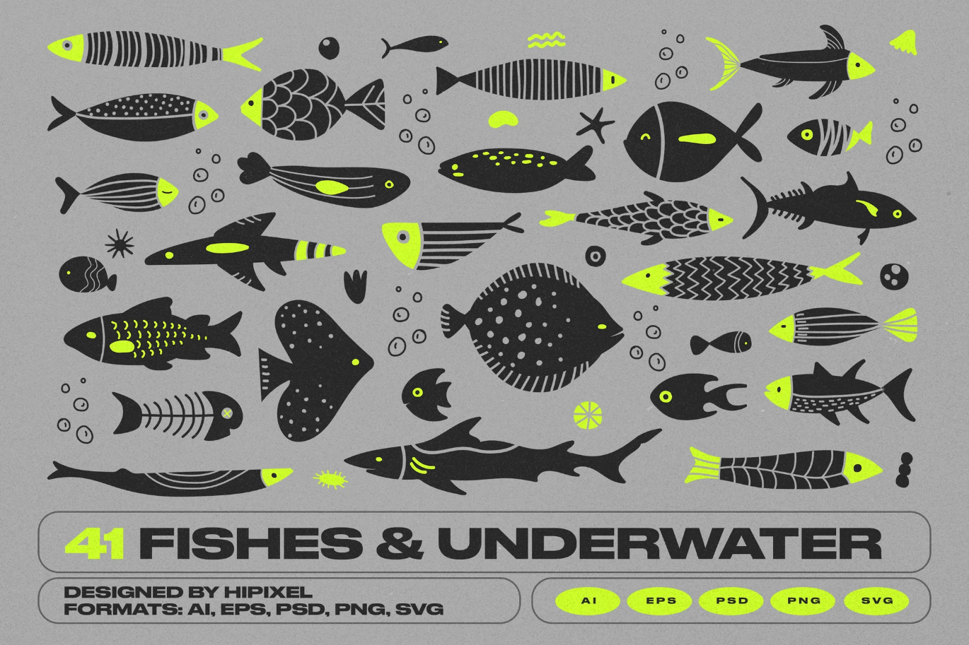 G6817 水下鱼群剪影矢量素材高清PNG免抠图创意海元素设计模板Fishes & Underwater Elements Silhouette