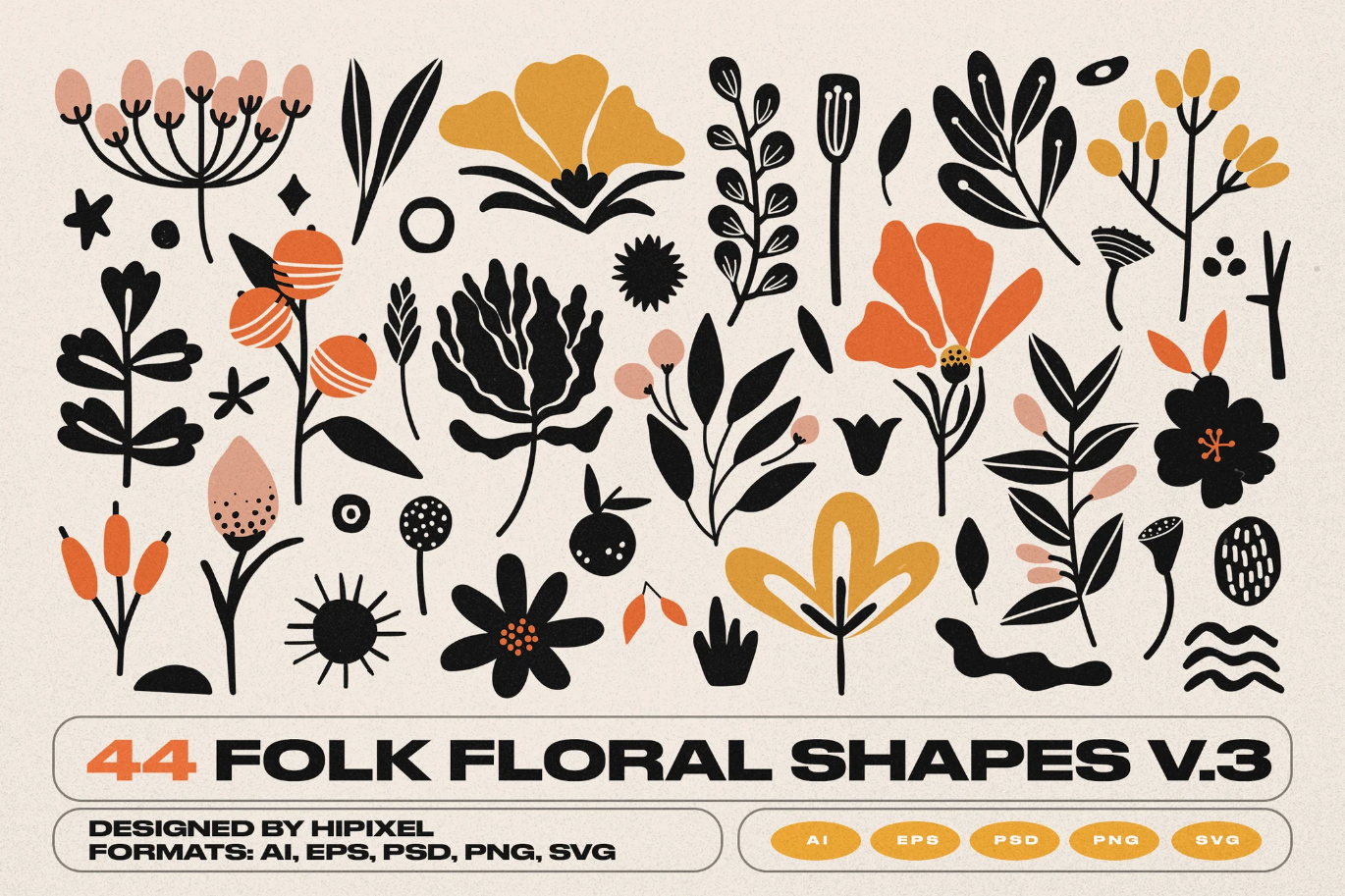 G6818 手绘花卉矢量素材AI/EPS格式民俗风装饰花纹插画元素Folk Floral Shapes V.3