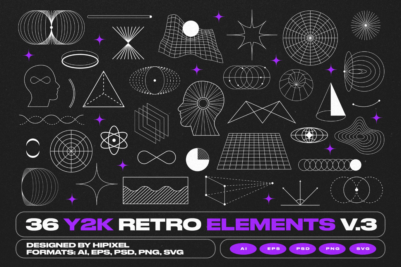 G6822 36个Y2K复古潮流元素分层PSD千禧风平面设计素材包36 Y2K Retro Elements V.3
