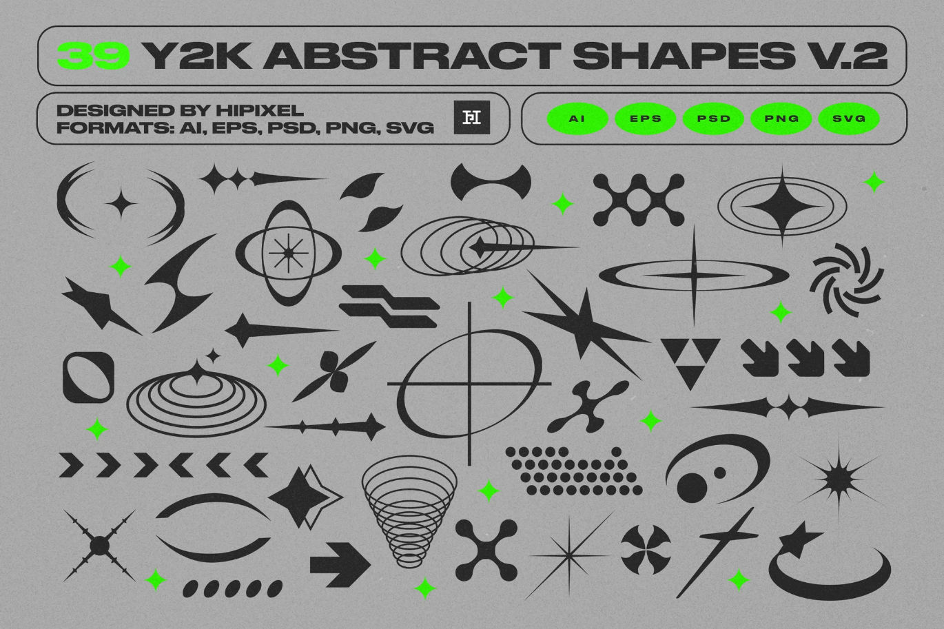 G6823 Y2K风格抽象几何矢量素材复古元素AI PSD分层高清分辨率V.2版Y2K Abstract Retro Shapes V.2