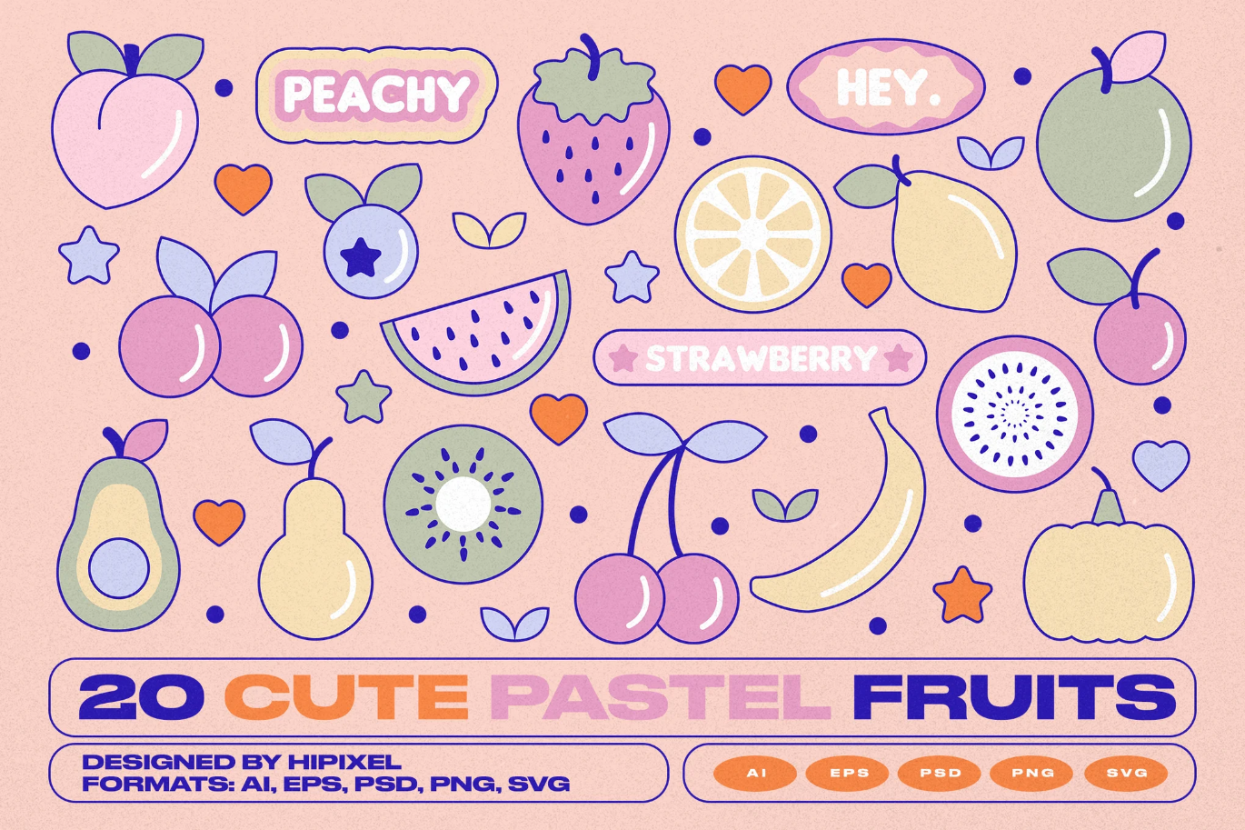 G6828 ins风手账水果贴纸20款免抠图PNG透明背景马卡龙色系20 Cute Pastel Fruits Stickers