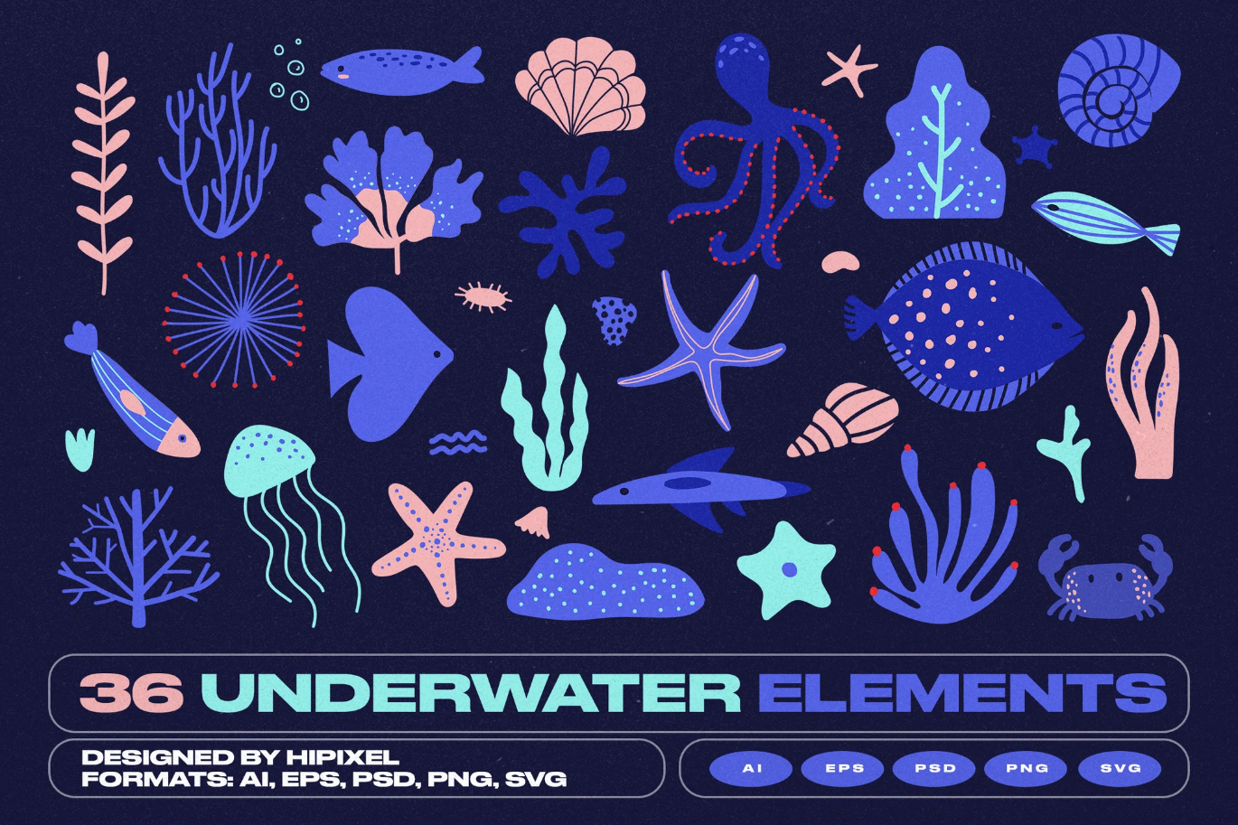 G6829 免抠36款水下鱼群贝壳PNG透明背景高清平面设计素材36 Underwater Fishes & Shells Elements