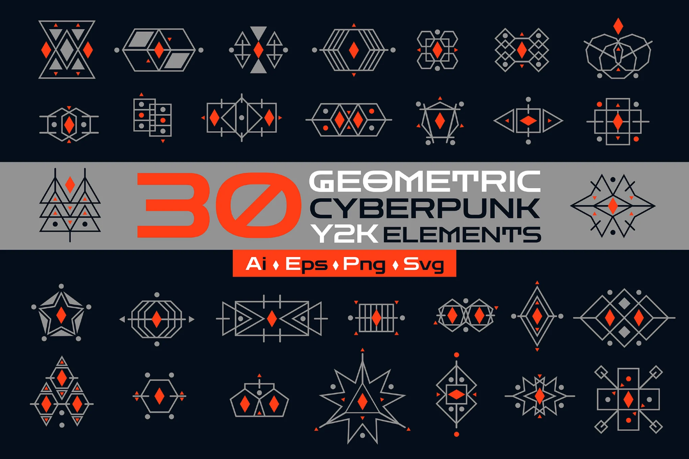 G6866 Y2K赛博朋克30款几何元素矢量素材AI/PS高清免抠30 Geometric Cyberpunk Y2K Elements