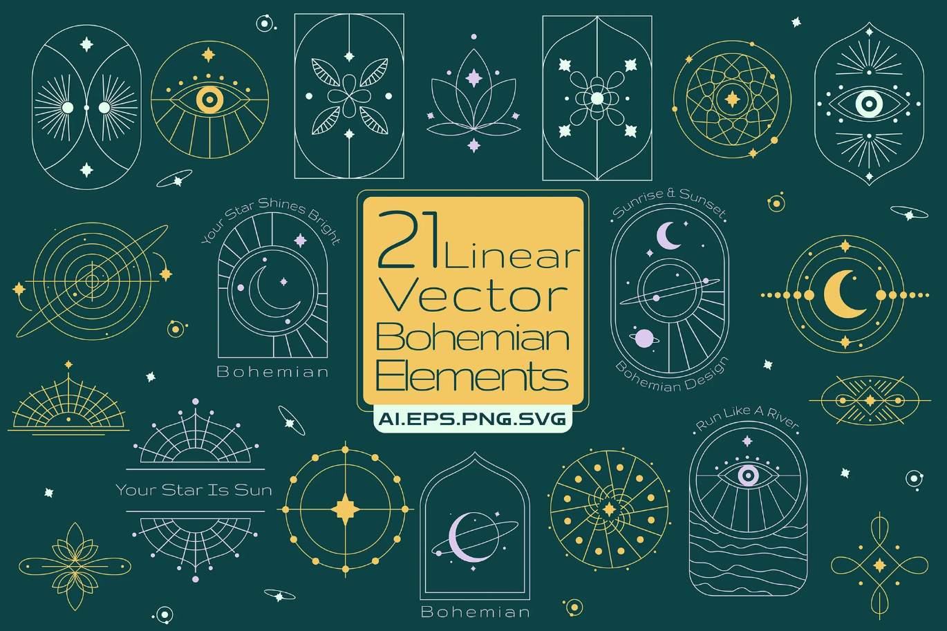 G6870 波西米亚风线性矢量元素插画素材AI源文件PNG透明背景21 Bohemian Linear Vector Elements