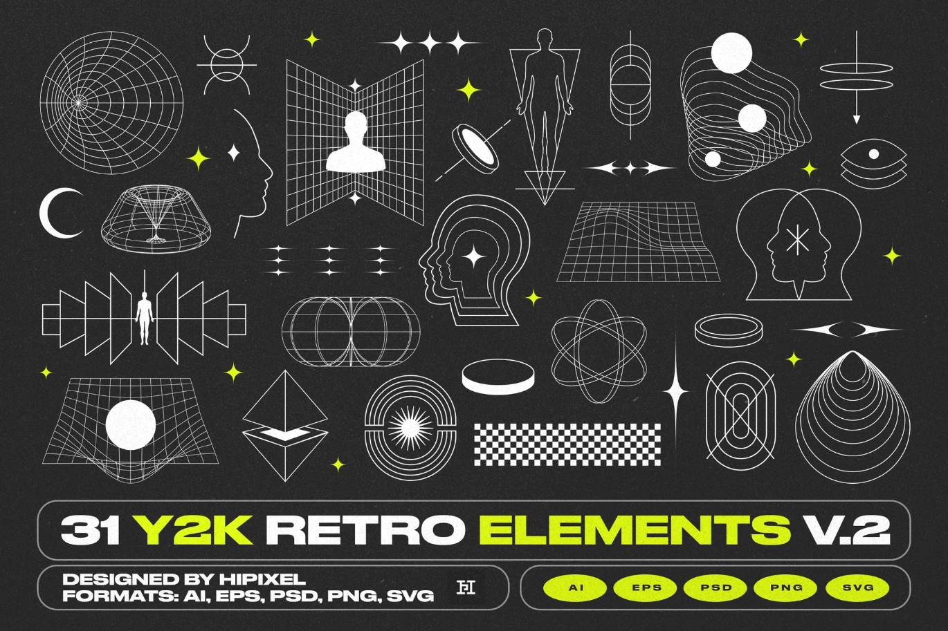 G6871 Y2K复古矢量素材包31款PSD分层AI格式潮流设计元素V.231 Y2K Retro Elements V.2