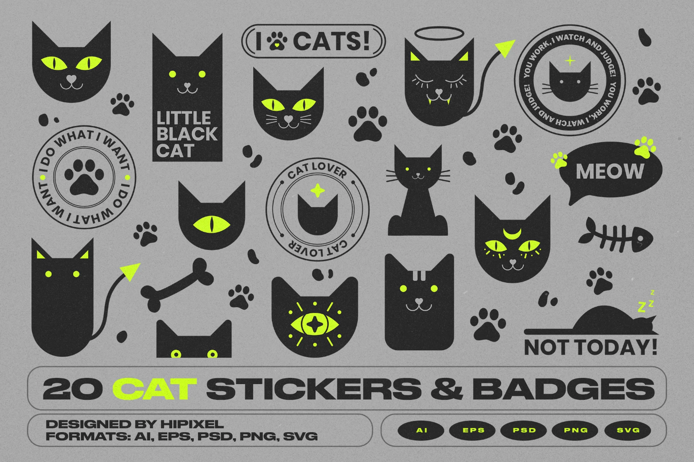 G6872 20款猫咪贴纸徽章免抠PNG矢量高清手账设计素材包20 Cat Stickers & Badges