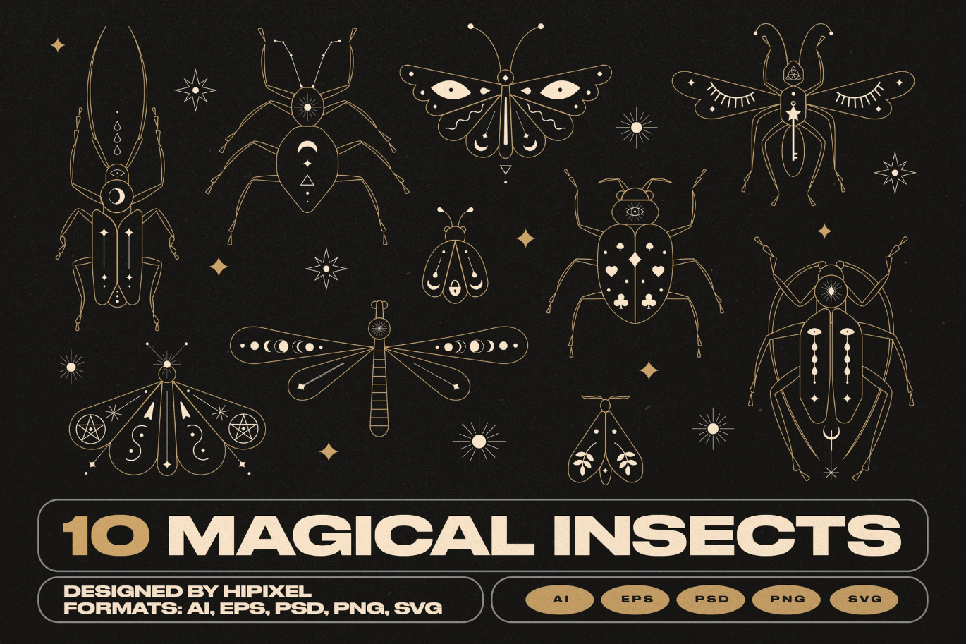 G6888 复古魔法昆虫矢量素材包手绘装饰插画PNG AI EPS设计源文件10 Magical Vintage Insects