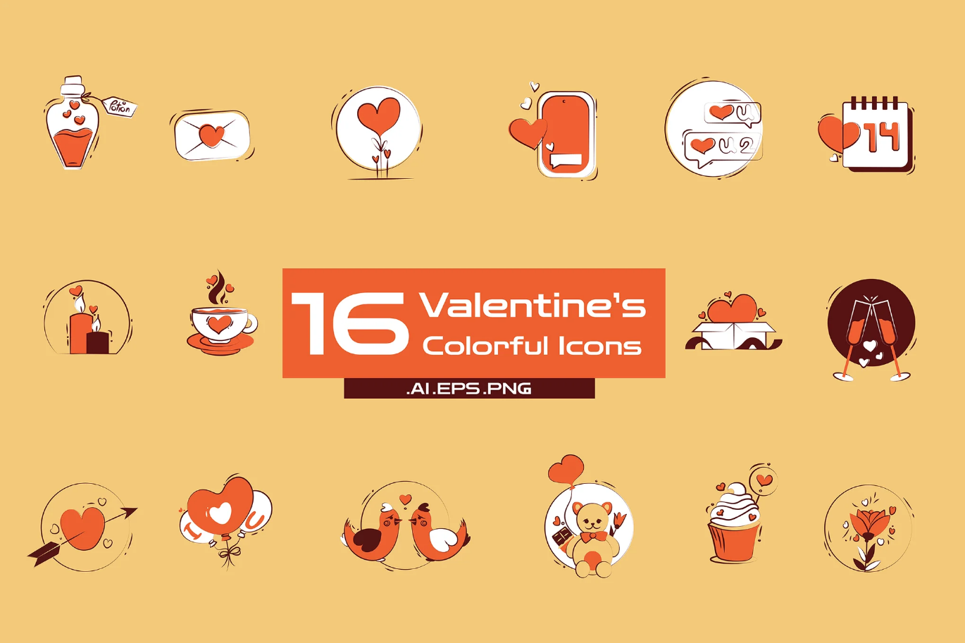 G6892 情人节彩色图标16款设计素材AI+PSD分层矢量源文件16Valentine’s colorful icons