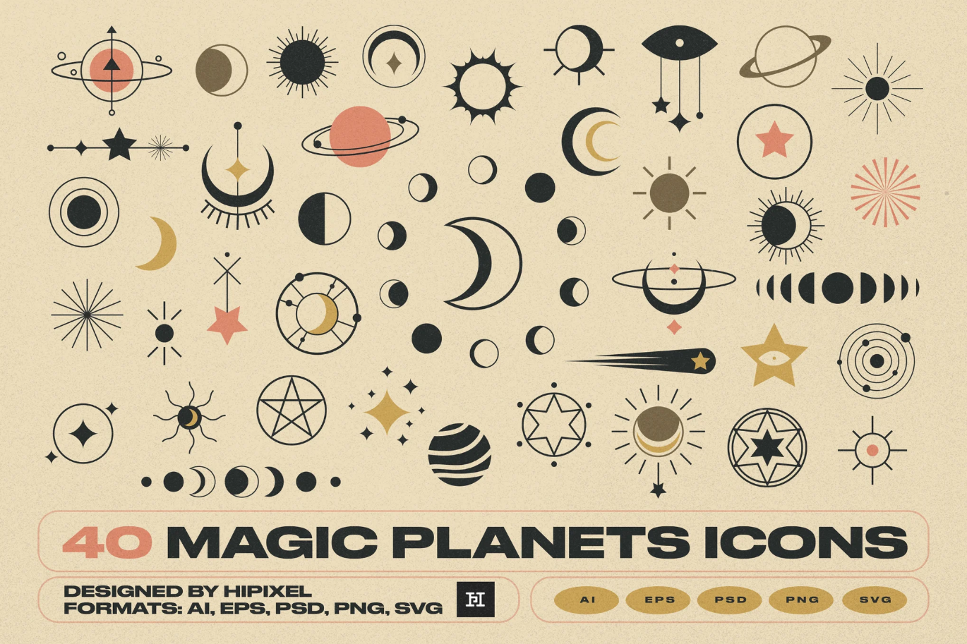G6907 40款魔法星球图标AI/EPS矢量素材扁平化UI设计40 Magic Planets Icons