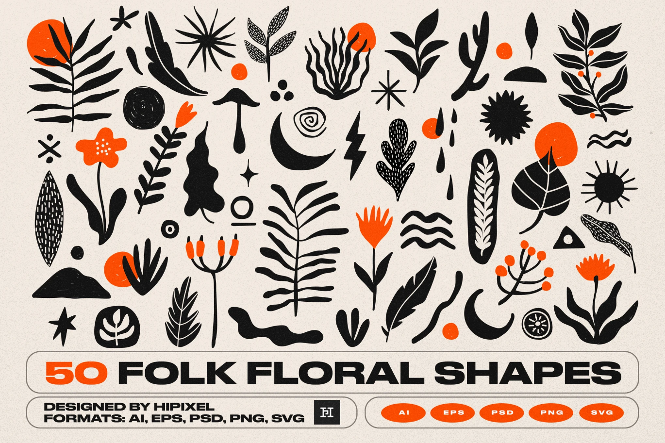 G6911 50款民俗花卉矢量素材PNG透明AI源文件手绘插画装饰元素50 Folk Floral Shapes