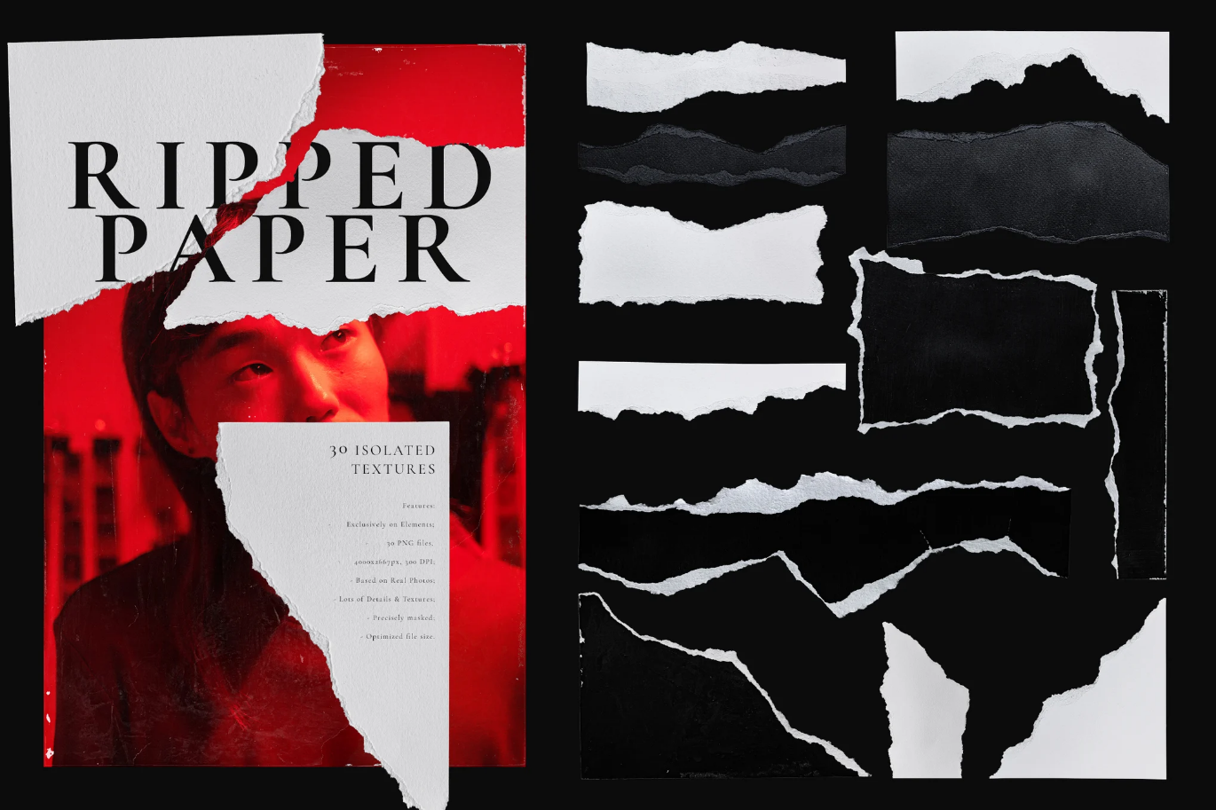 G6967 30款分层PSD撕纸素材PNG透明背景创意设计元素平面素材包30 Isolated Ripped Paper Elements