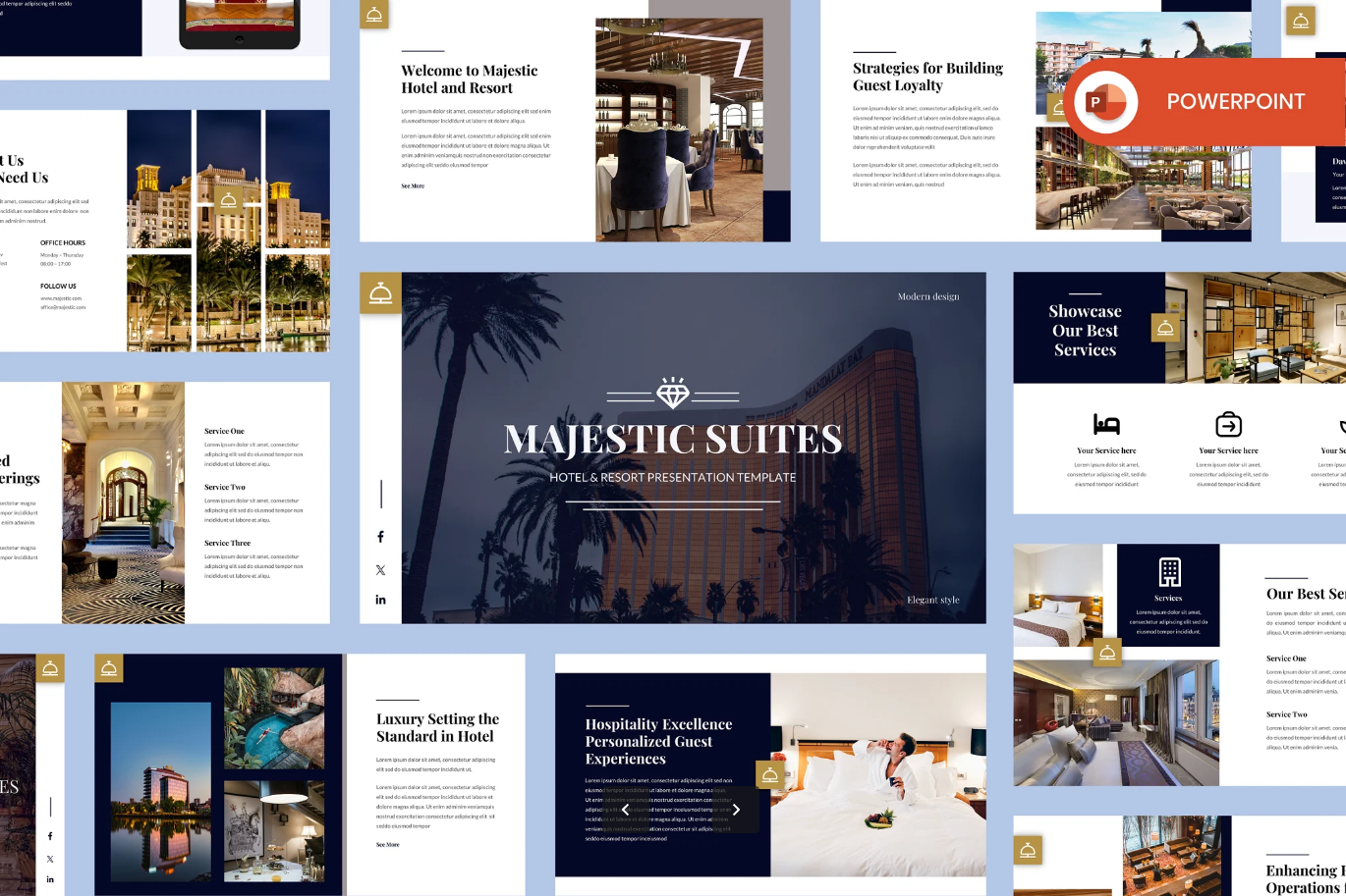 G7226 高端酒店商务PPT模板24页500图标可编辑16比9多用途演示Majestic – Hotel Powerpoint Template