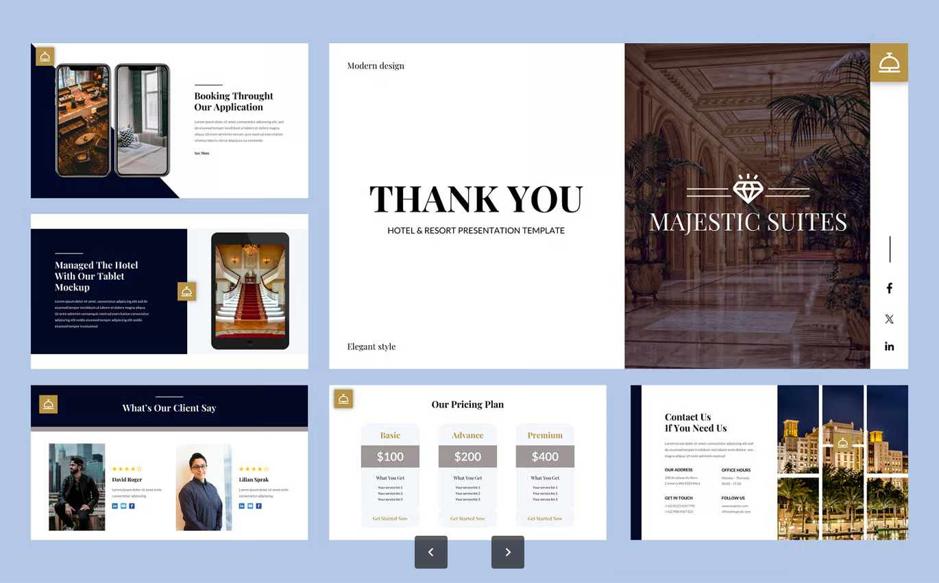 高端酒店商务PPT模板24页500图标可编辑16比9多用途演示Majestic - Hotel Powerpoint Template-果觅网