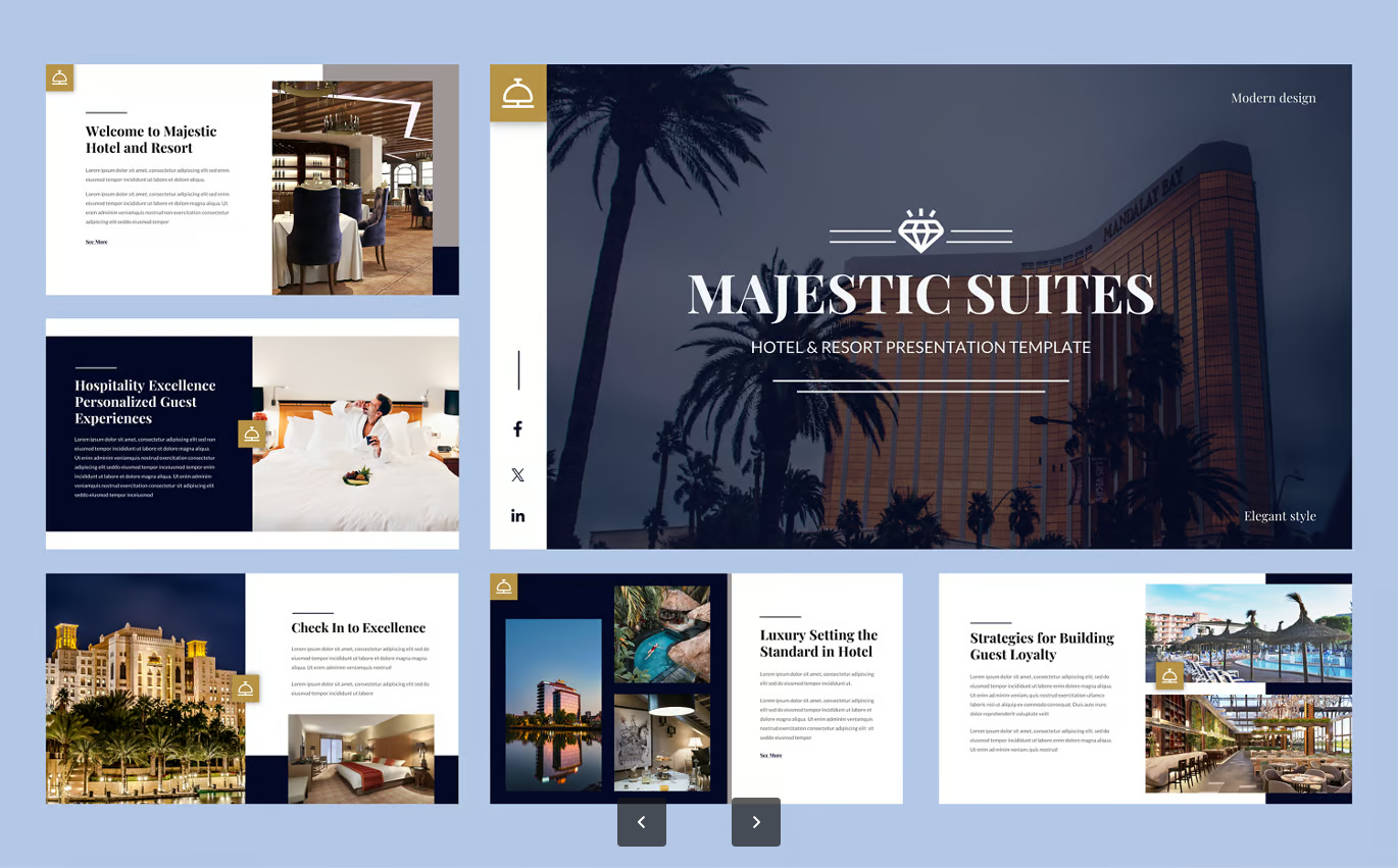 高端酒店商务PPT模板24页500图标可编辑16比9多用途演示Majestic - Hotel Powerpoint Template-果觅网