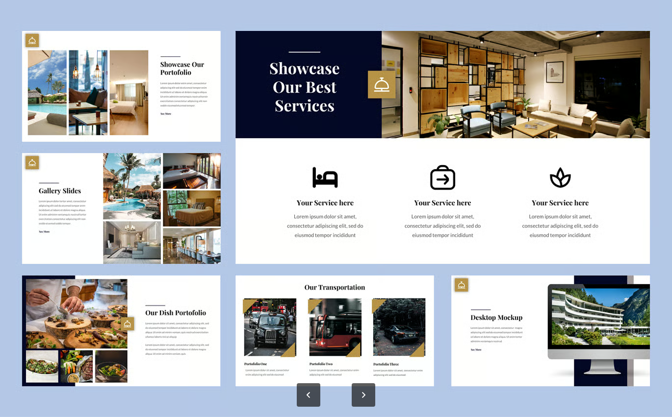 高端酒店商务PPT模板24页500图标可编辑16比9多用途演示Majestic - Hotel Powerpoint Template-果觅网