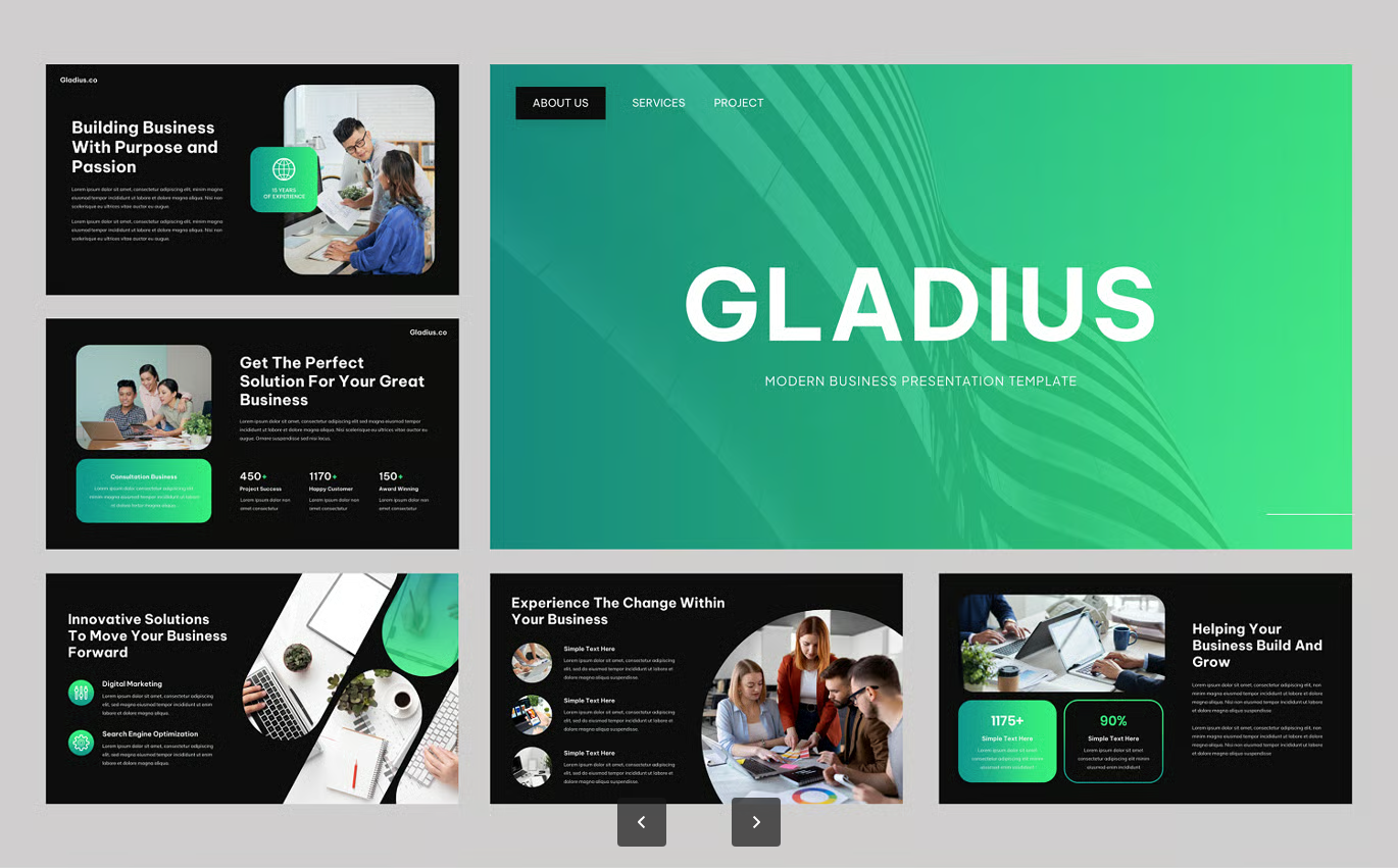 商务PPT模板30页可编辑500图标公司简介融资路演万能幻灯片Gladius - Modern Business PowerPoint Template-果觅网
