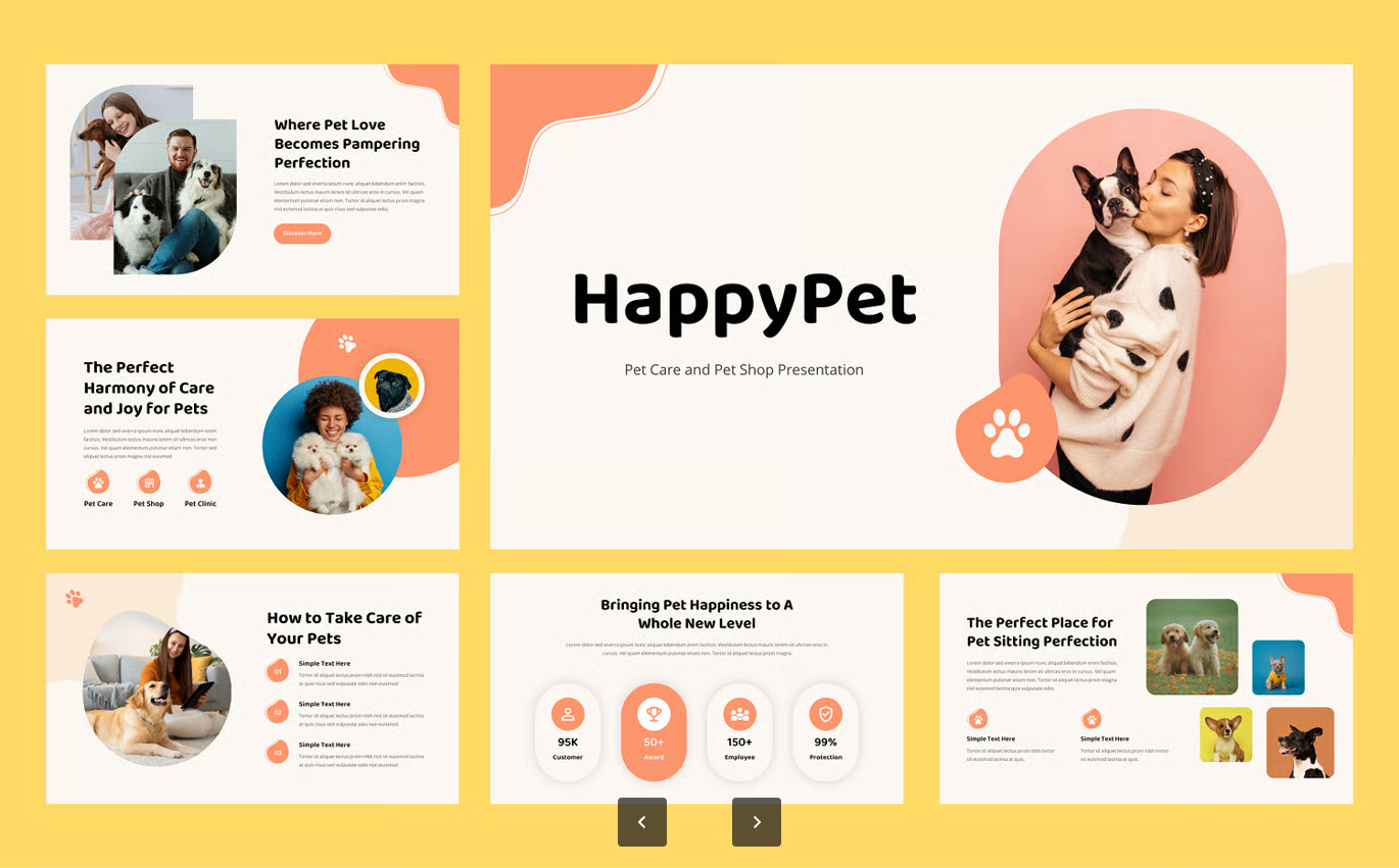 高端宠物行业PPT模板25页商务动态可编辑含500图标企业营销必备HappyPet - Pet Care and Pet Shop PowerPoint-果觅网
