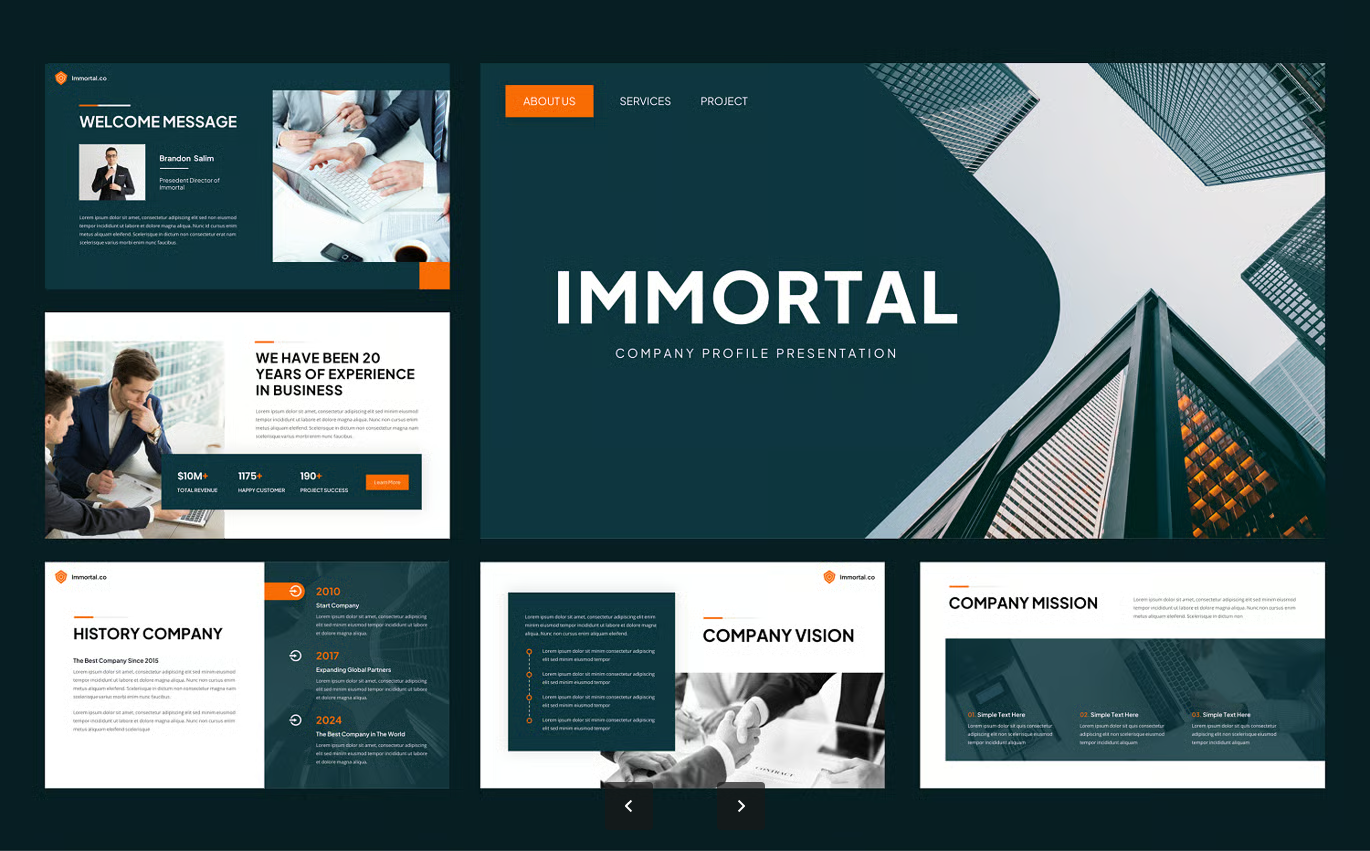 高端大气企业介绍PPT模板30页可编辑动态商务公司简介幻灯片Immortal - Company Profile PowerPoint Template-果觅网