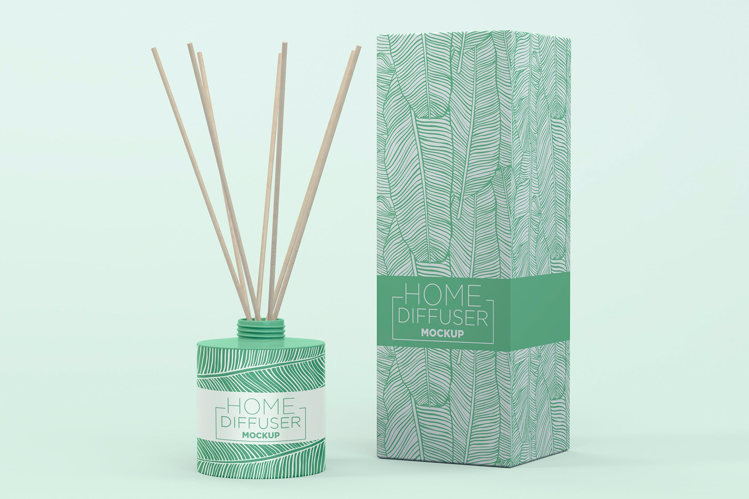 23 藤条香薰家居装饰包装盒设计样机 Glass Diffuser Bottle with Paper Box Mockup