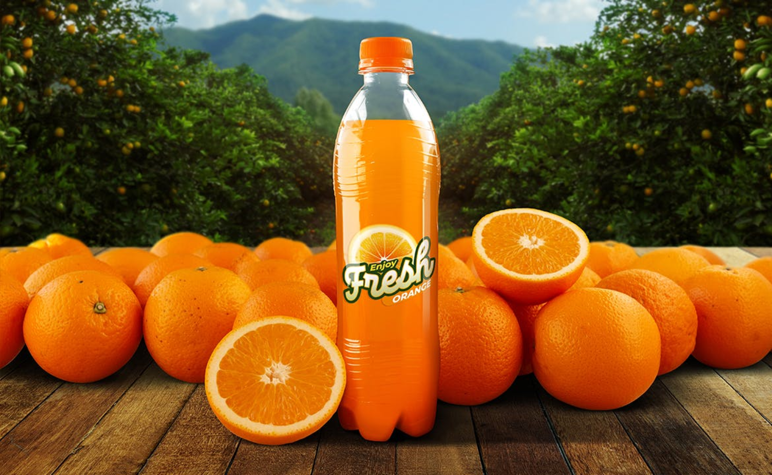 28 橙子背景橙汁汽水瓶包装设计样机 Orange Soda Bottle Mockup