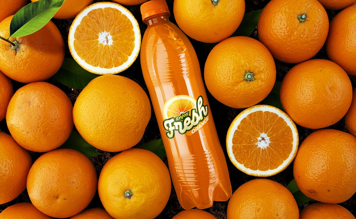 28 橙子背景橙汁汽水瓶包装设计样机 Orange Soda Bottle Mockup