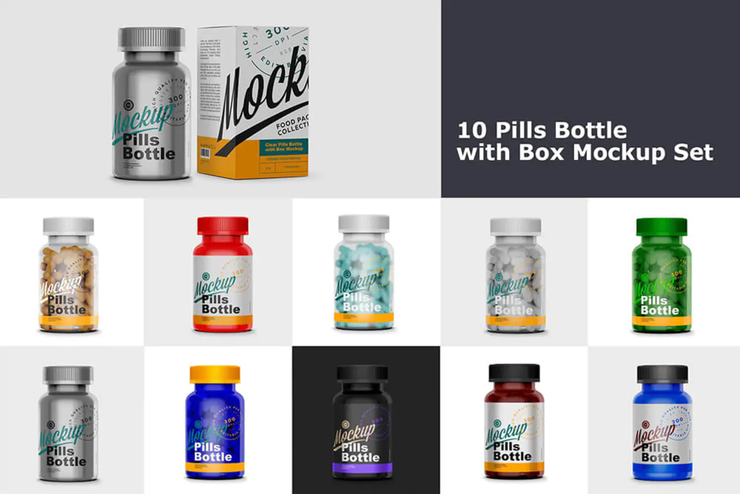 3 胶囊药瓶&药盒样机套装 (psd)Pills Bottle with Box Mockup Set 6374641