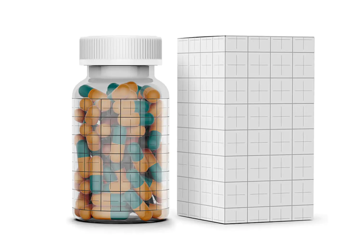 3 胶囊药瓶&药盒样机套装 (psd)Pills Bottle with Box Mockup Set 6374641