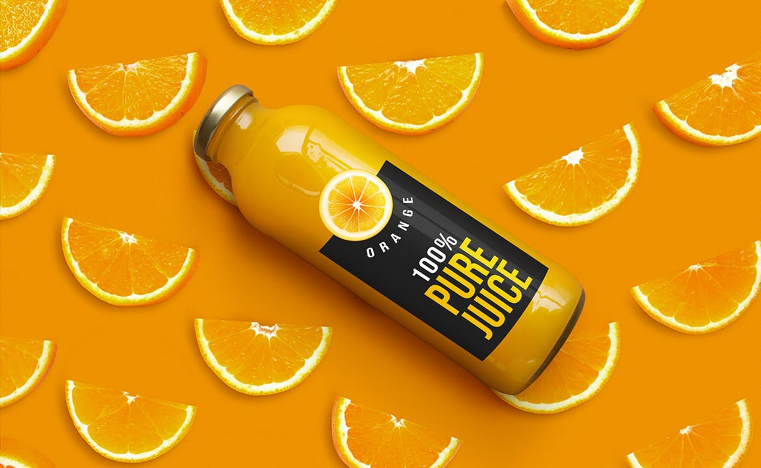 30 鲜橙果肉背景橙汁PV瓶包装设计样机 Orange Juice Bottle Mockup