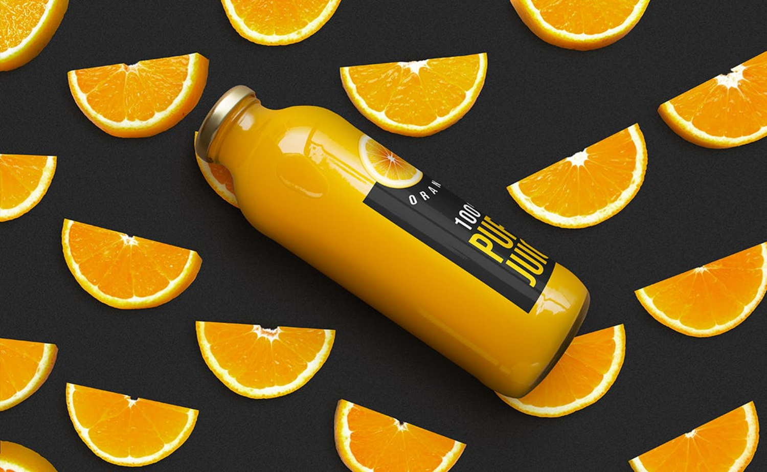 30 鲜橙果肉背景橙汁PV瓶包装设计样机 Orange Juice Bottle Mockup