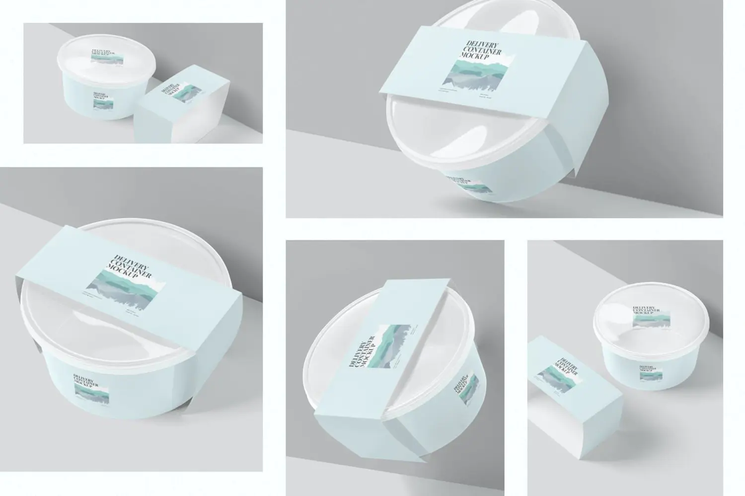 56 圆形塑料盒一次性外卖打包盒腰封纸套样机psd模板 Round Plastic Box Sleeve Mockups