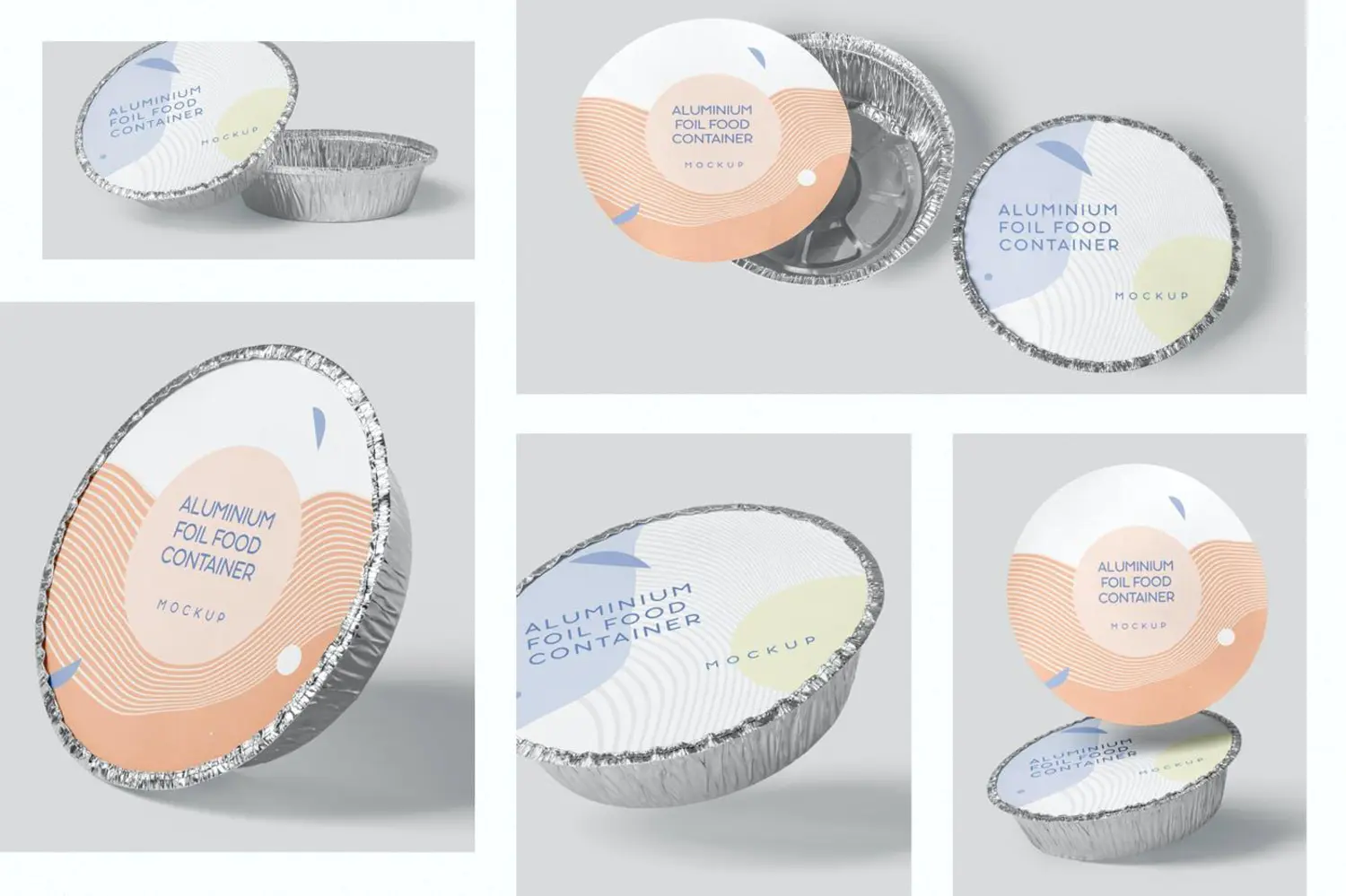 58 圆形铝箔锡纸食品容器外卖打包盒样机psd模板 Round Foil Food Container Mockups