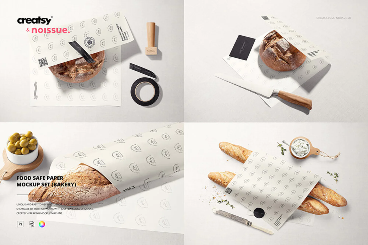 7 面包食品安全纸品牌VI样机套装Noissue Food Safe Paper Mockup Set 6387948