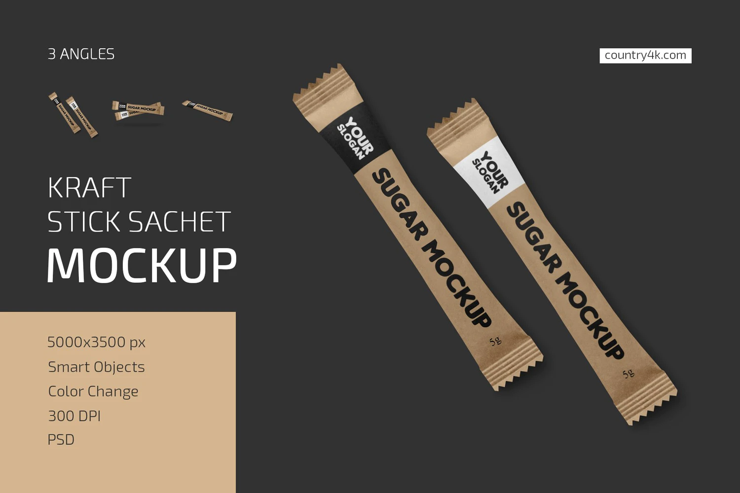 75 牛皮纸香囊条装咖啡冲剂包装PS样机合集Kraft Stick Sachet Mockup Set 5795047