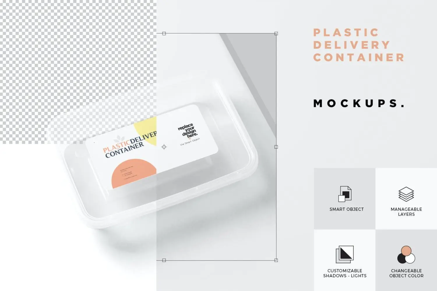 92 塑料矩形外卖盒打包盒保鲜盒一次性餐盒标签样机psd模板 Plastic Rectangular Box Label Mockups