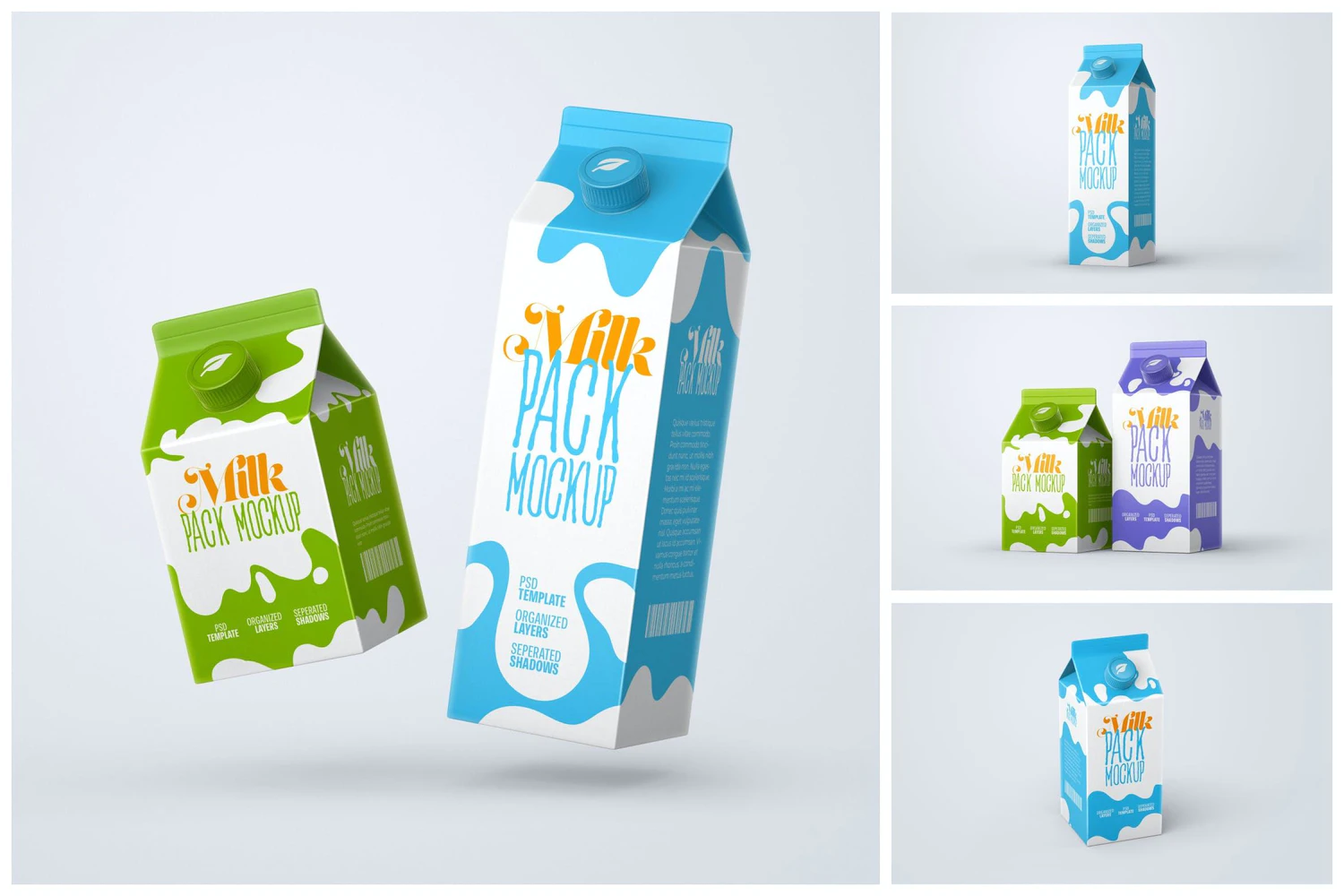 93 扭盖牛奶饮品苹果醋纸盒包装设计样机集v2 Milk Carton Box Mockup Set  Packaging Design