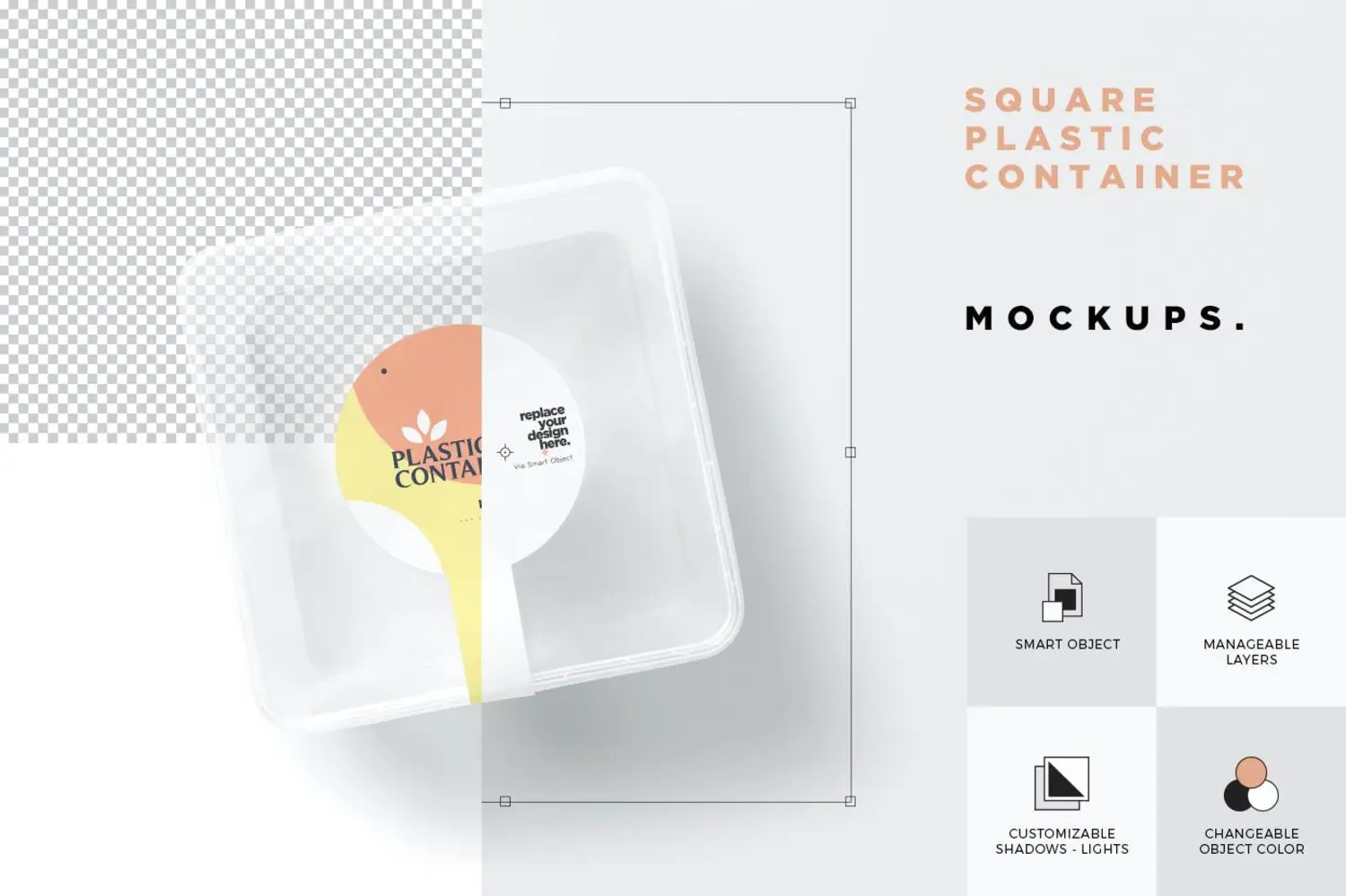 95 方形塑料盒一次性外卖打包保鲜盒PV标签样机psd模板 Square Plastic Box Label Mockups