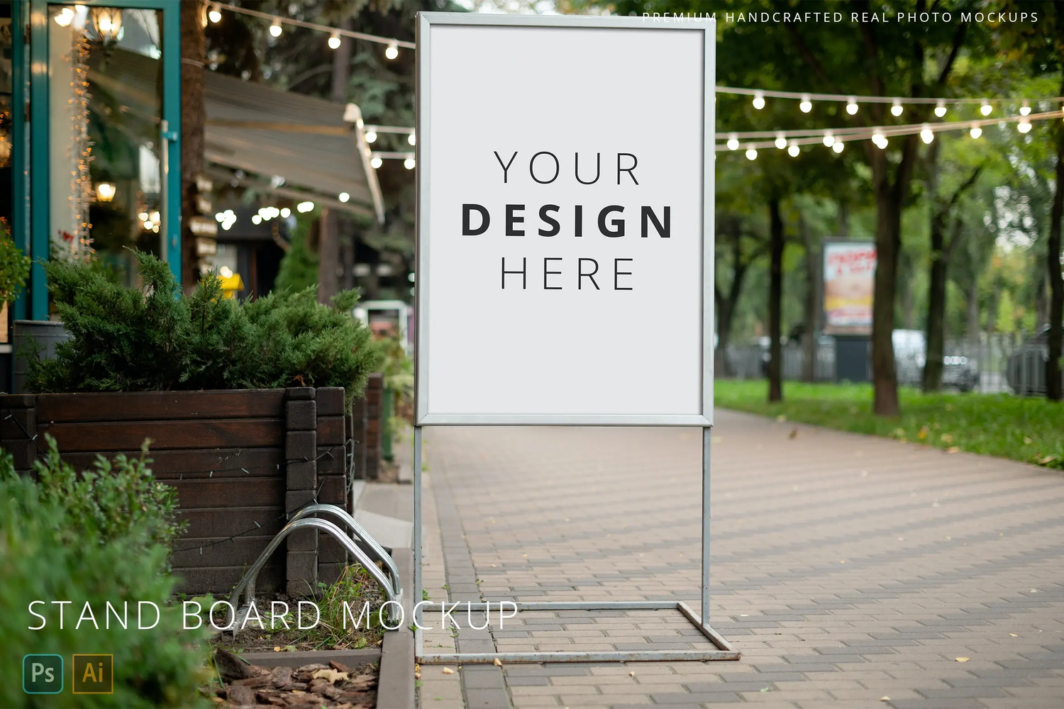 53 街头铁架铁艺展架黑板餐厅广告海报PS样机 Street Stand Board Poster Menu Minimalistic Mockup