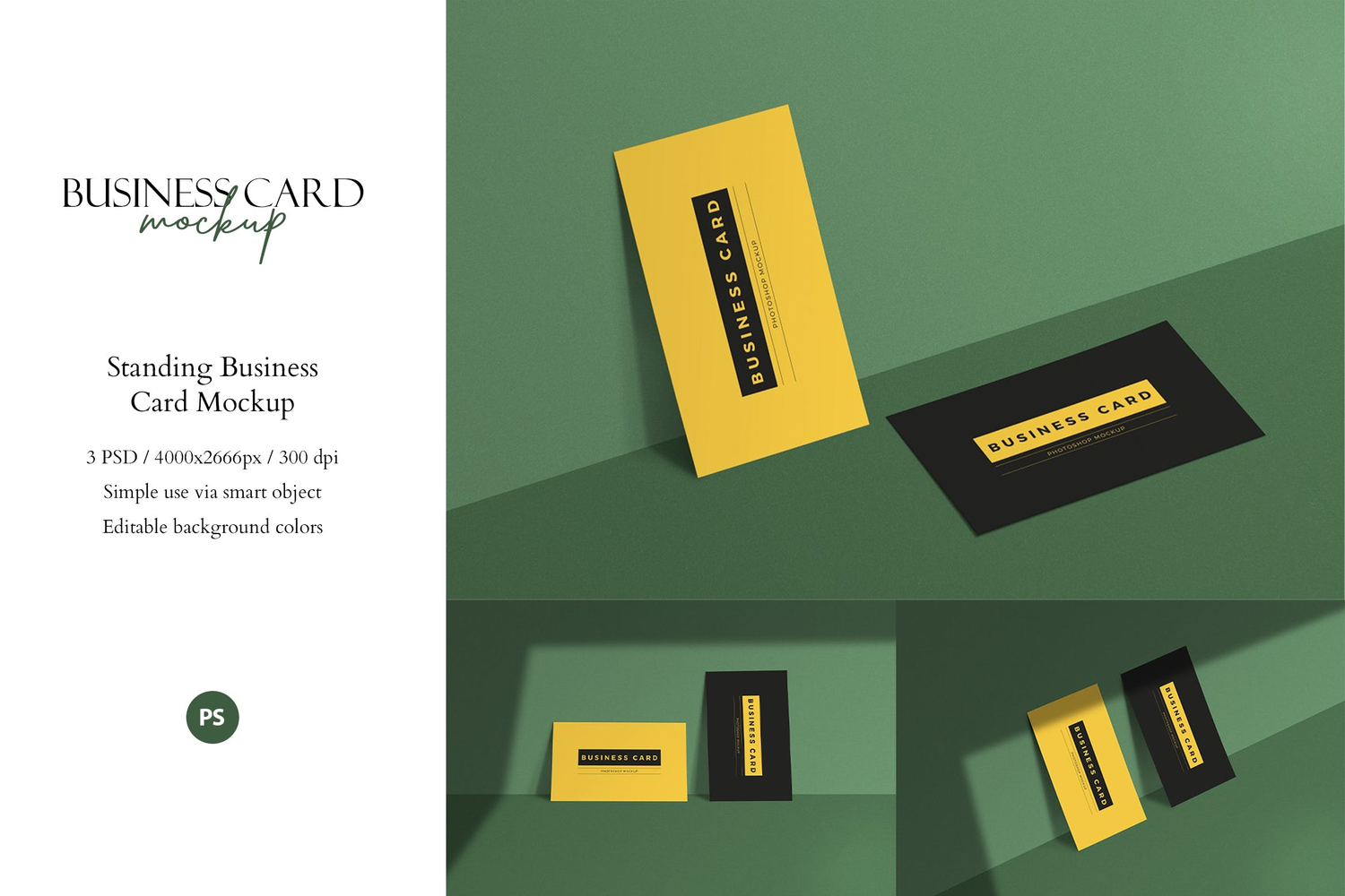 59 绿色背景品牌卡片名片设计样机 Standing Business Card Mockup