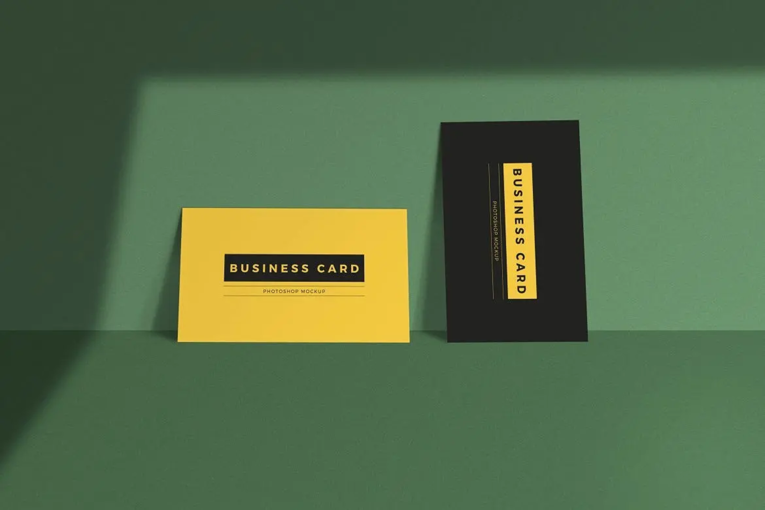 59 绿色背景品牌卡片名片设计样机 Standing Business Card Mockup