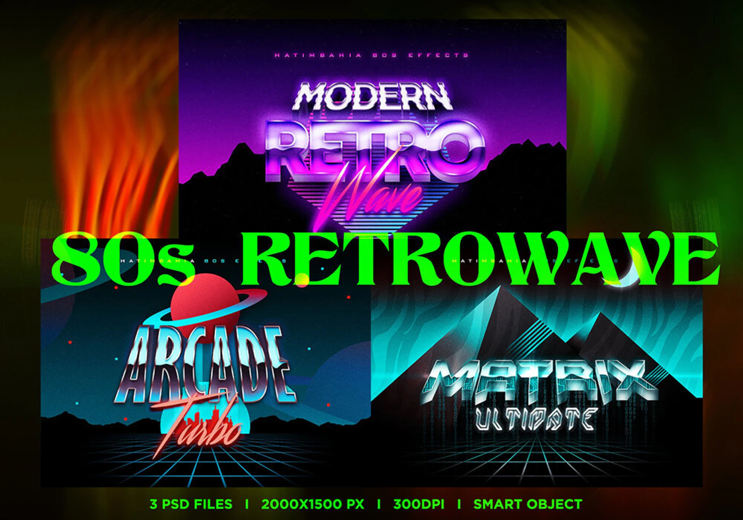 39 复古80年代反向蒸汽波金属街机文字效果一键生成PS样式 (psd)80s Retrowave Text Effects Vol.1 6435159