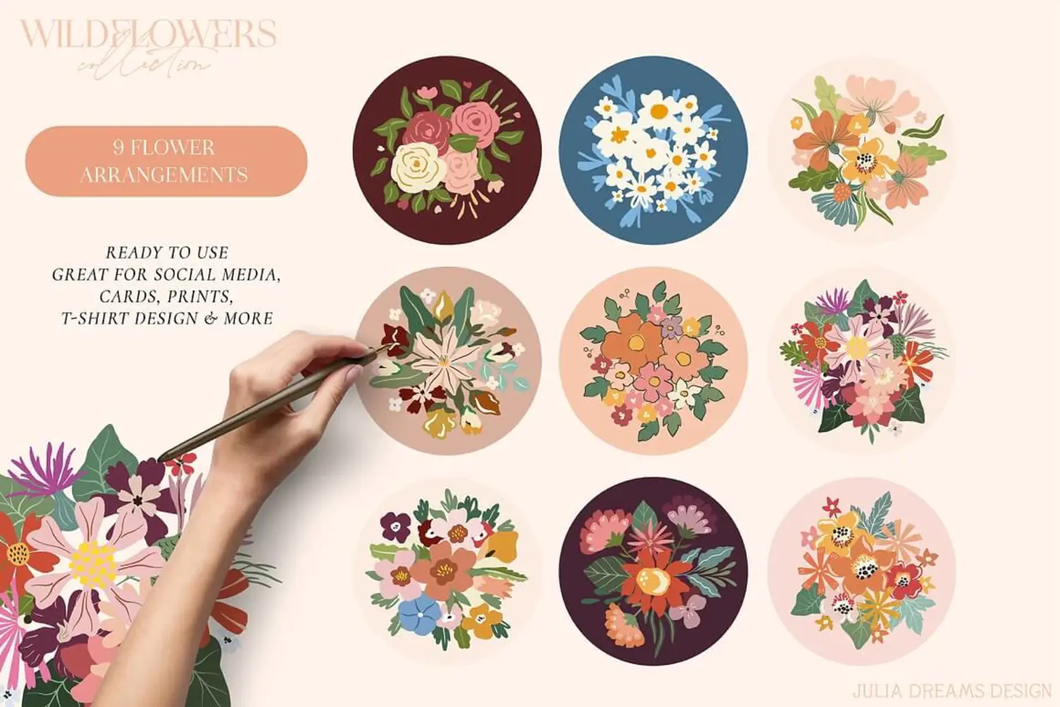 15 花朵系列无缝背景矢量图案手绘插画素材 (ai,eps)Wildflowers Collection 6635876