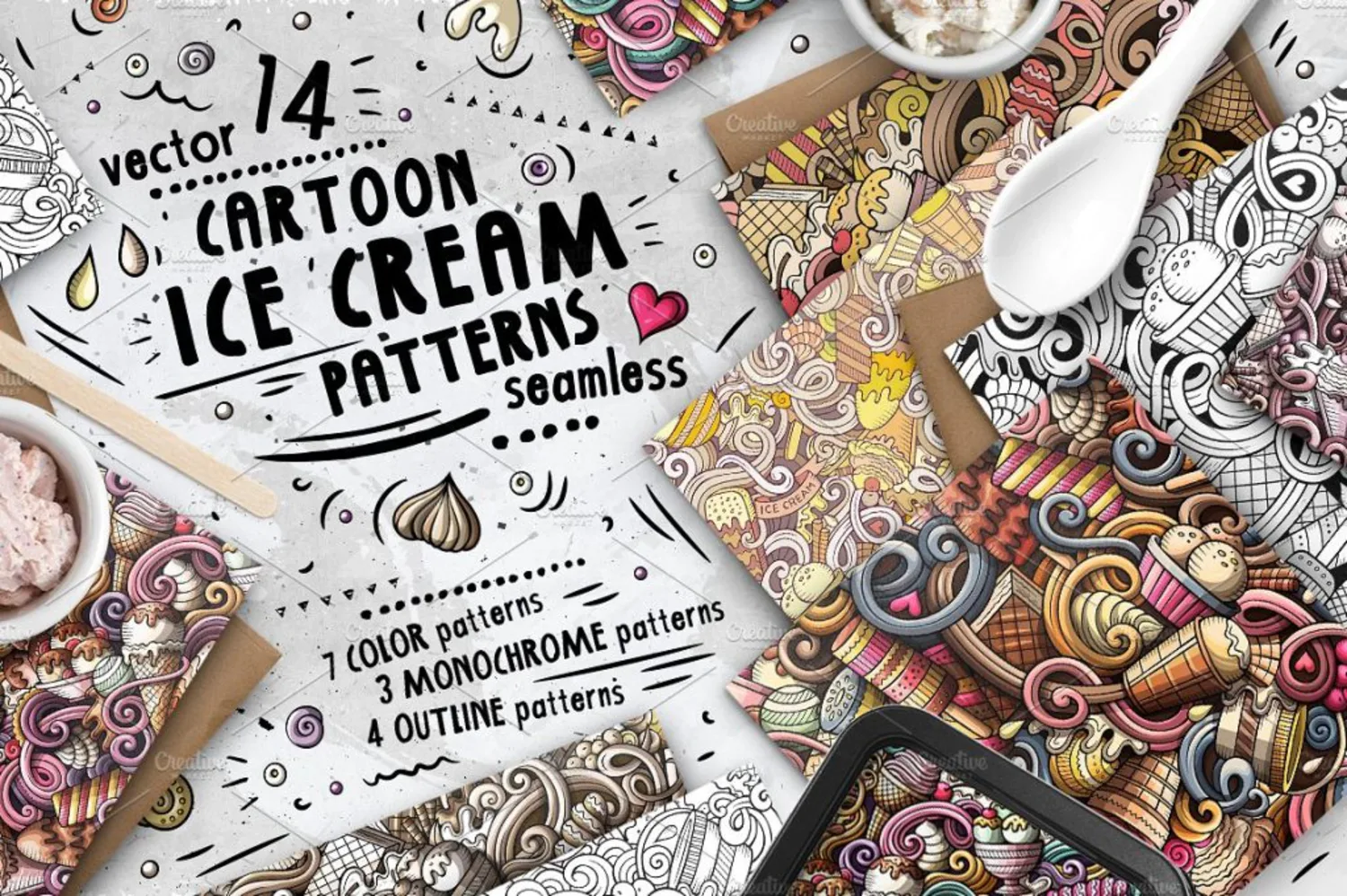 17 14款手绘风冰淇淋矢量无缝背景纹理插图素材 14_Ice_Cream_Seamless_Patterns_Pack
