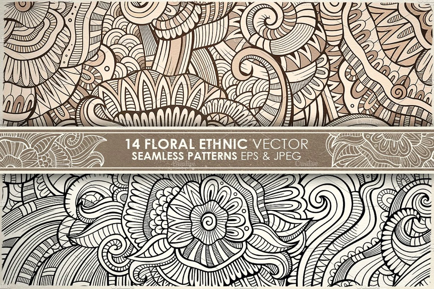 23 14款矢量无缝抽象花卉背景底纹插图素材 14_Floral_Ethnic_Seamless_Patterns