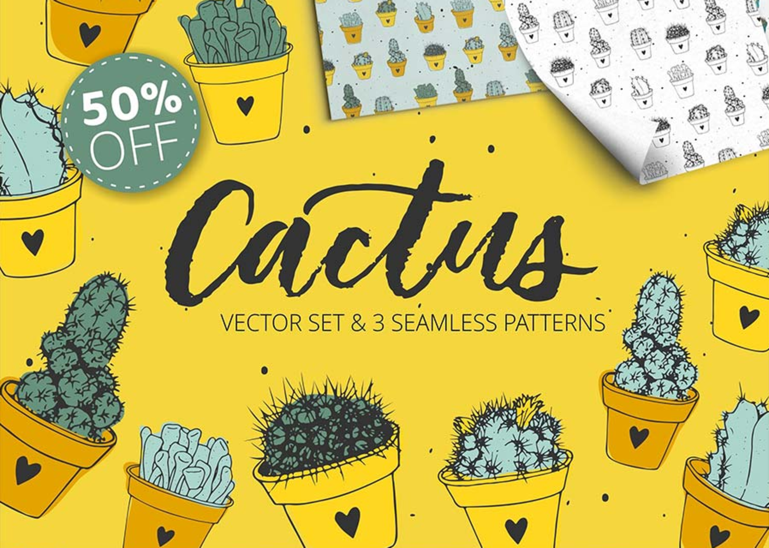 24 矢量仙人掌无缝背景插图素材 Handdrawn_cactus_vector_set