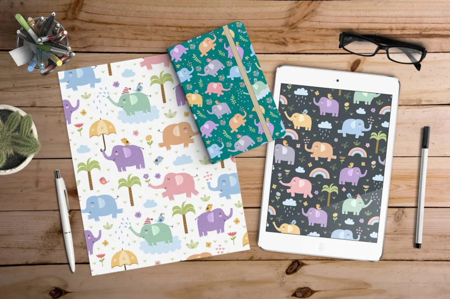 32 可爱卡通插画大象植物小鸟矢量无缝背景素材包 Elephants_seamless_patterns_clipart_985196